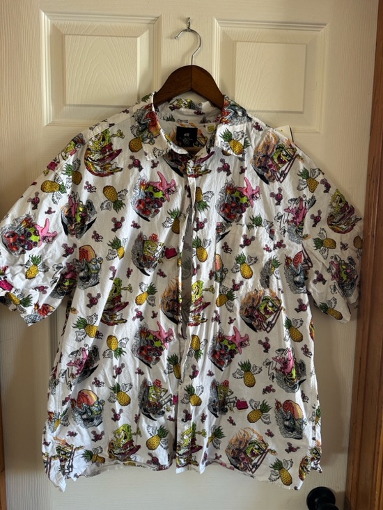 H&M Other - H&M White Short-Sleeve Button Shirt with Pink, Yellow and Green Tropical Print